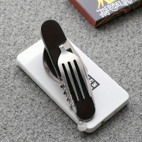 Stainless Steel 6-in-1 Multi-Tool Cutlery Set, Folding Pocket Knife with Fork, Spoon, Can Opener, Corkscrew, and Bottle Opener (Color: Black)